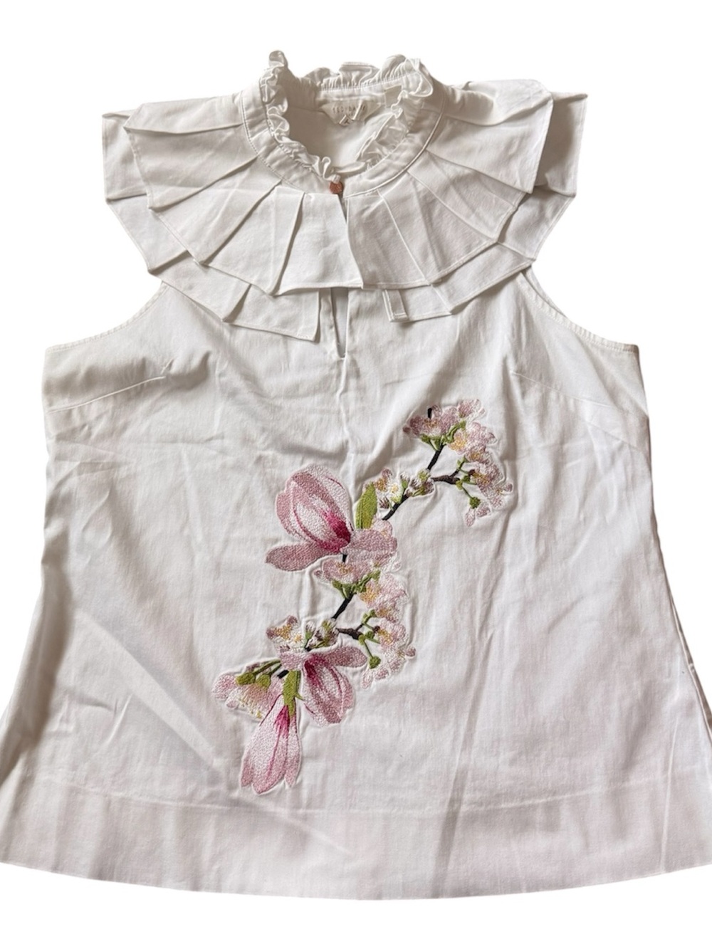 Ted Baker Sleeveless Ruffled Neck Top with Pink Floral Embroidery Size 4